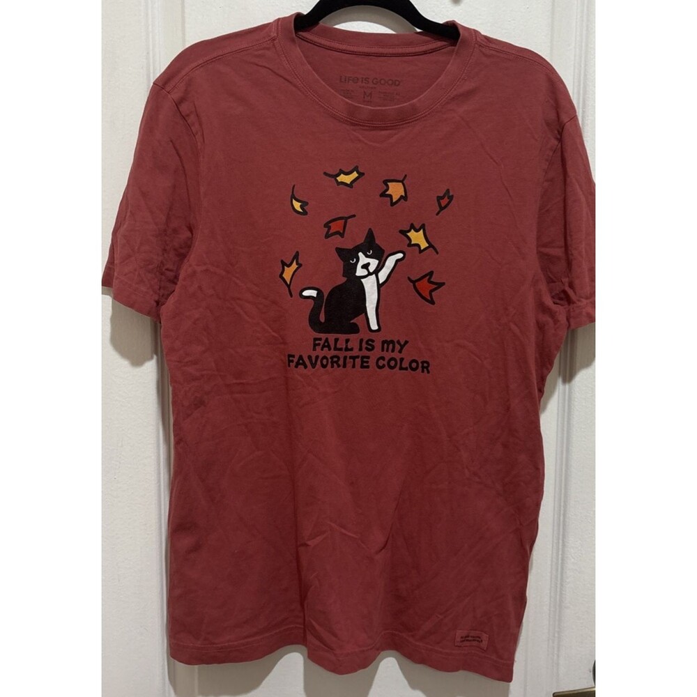 Life is Good Fall Is My Favorite Color Leaves Cat Red SS Crusher Tee Top Sz M